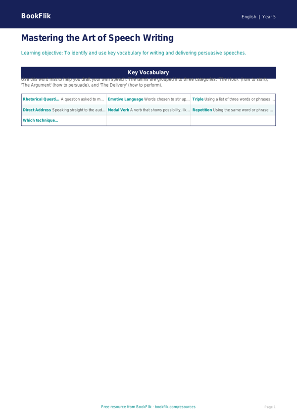 Free Speech Writing Word Mat | Year 5 Core | BookFlik worksheet preview — English Speech Writing