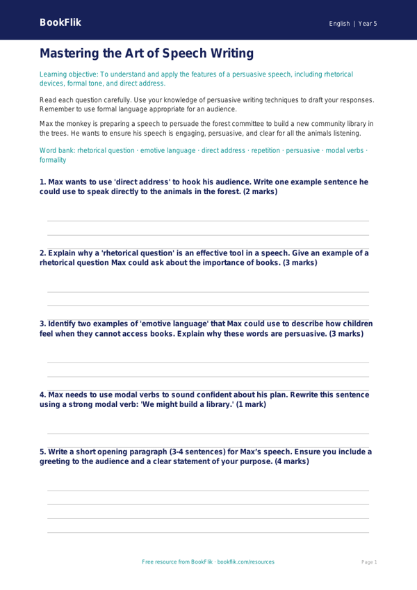 Free Speech Writing Worksheet | Year 5 Core | BookFlik worksheet preview — English Speech Writing