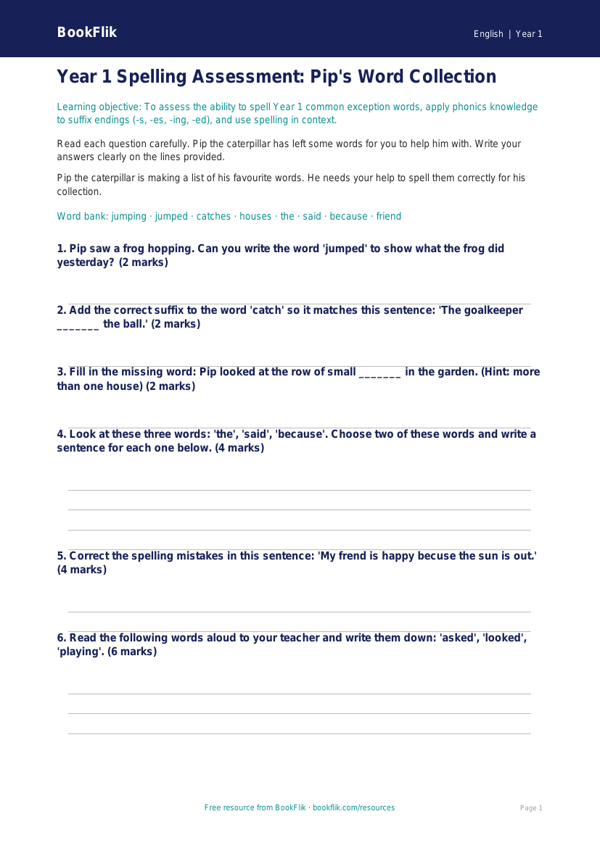 Free Spelling Assessment | Year 1 Core | BookFlik worksheet preview — English Spelling