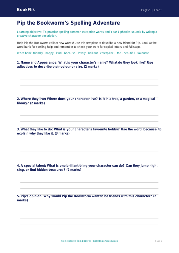 Free Spelling Template | Year 1 Core | BookFlik worksheet preview — English Spelling