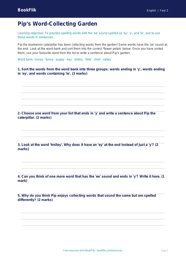 Free Spelling Activity Sheet | Year 2 Core | BookFlik worksheet preview — English Spelling