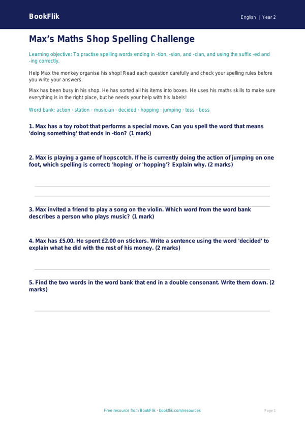 Free Spelling Worksheet | Year 2 Core | BookFlik worksheet preview — English Spelling
