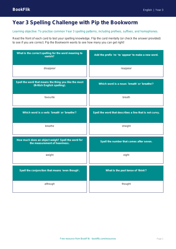 Free Spelling Flashcards | Year 3 Core | BookFlik worksheet preview — English Spelling