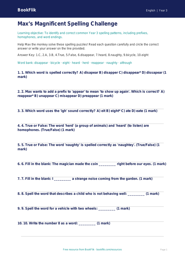 Free Spelling Quiz | Year 3 Core | BookFlik worksheet preview — English Spelling