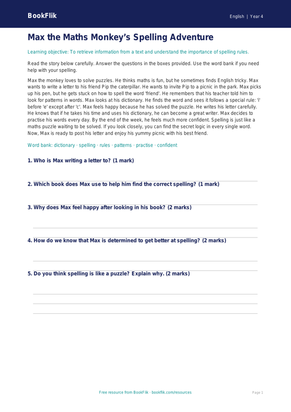 Free Spelling Comprehension Worksheet | Year 4 Supported | BookFlik worksheet preview — English Spelling