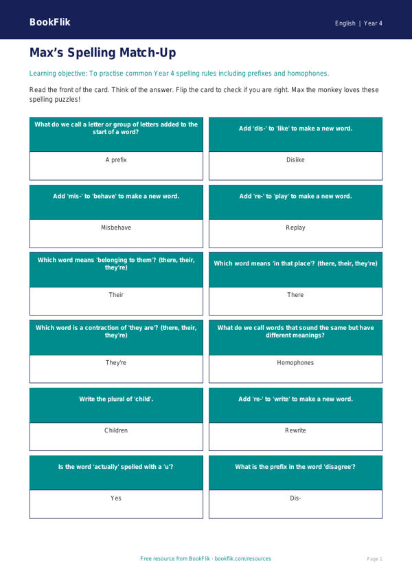 Free Spelling Flashcards | Year 4 Supported | BookFlik worksheet preview — English Spelling