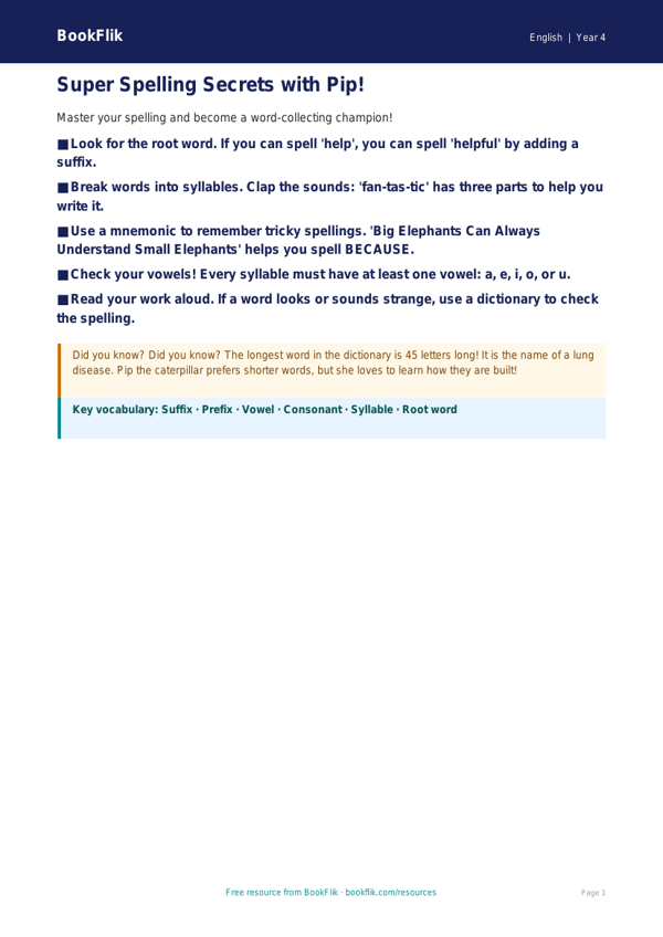Free Spelling Poster | Year 4 Supported | BookFlik worksheet preview — English Spelling