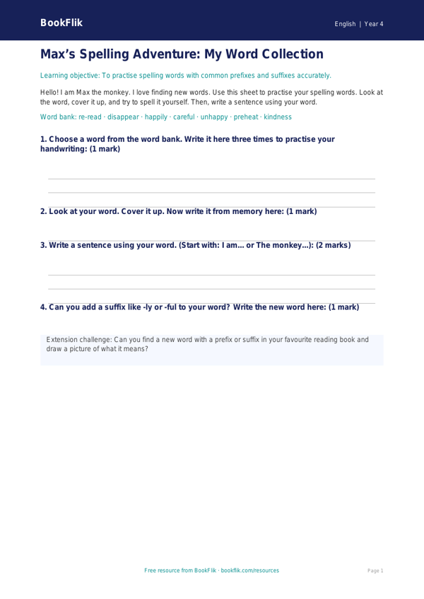Free Spelling Template | Year 4 Supported | BookFlik worksheet preview — English Spelling