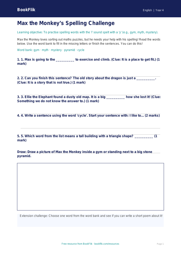 Free Spelling Worksheet | Year 4 Supported | BookFlik worksheet preview — English Spelling