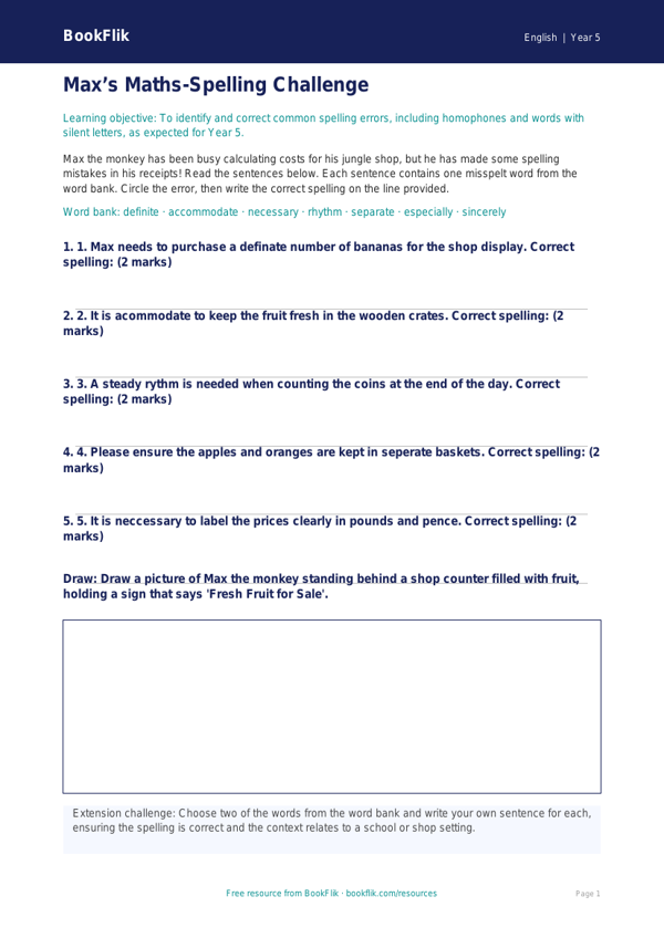 Free Spelling Activity Sheet | Year 5 Core | BookFlik worksheet preview — English Spelling