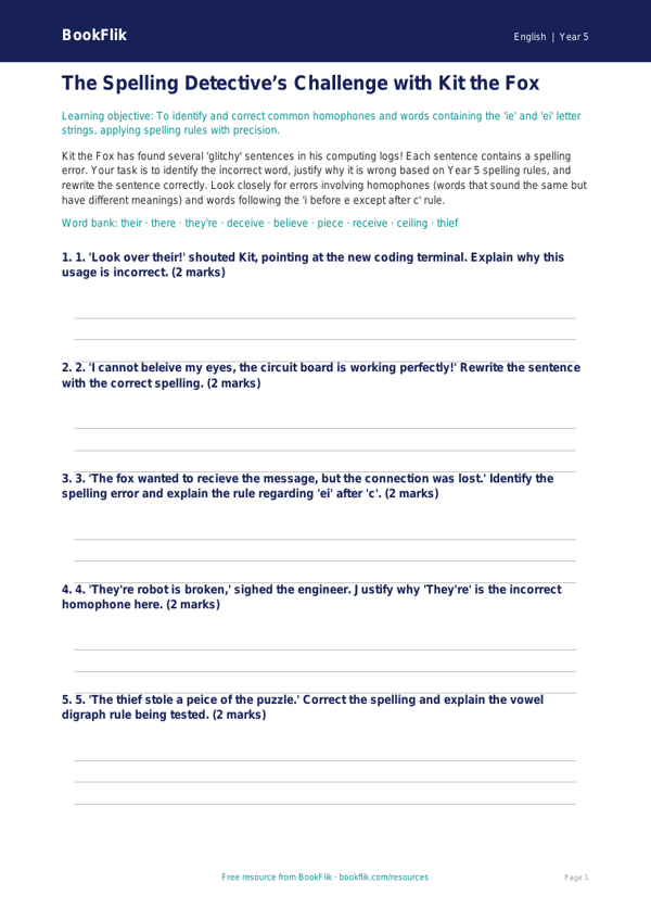 Free Spelling Activity Sheet | Year 5 Greater Depth | BookFlik worksheet preview — English Spelling