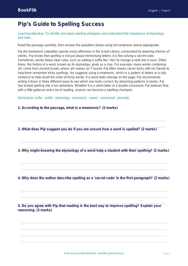 Free Year 5 Spelling Comprehension Worksheet | BookFlik worksheet preview — English Spelling