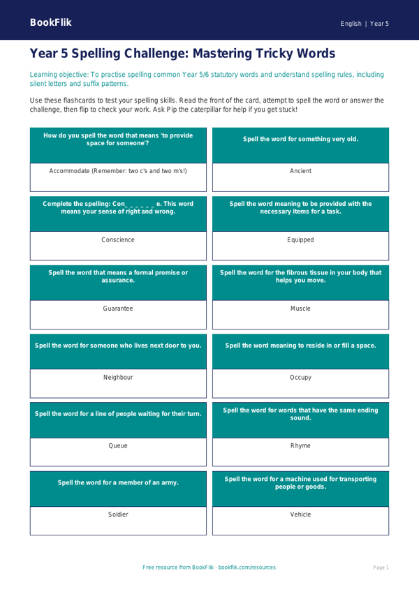 Free Spelling Flashcards | Year 5 Core | BookFlik worksheet preview — English Spelling