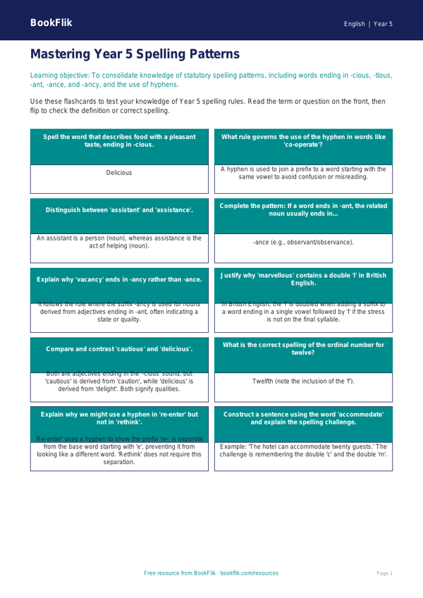 Free Spelling Flashcards | Year 5 Greater Depth | BookFlik worksheet preview — English Spelling
