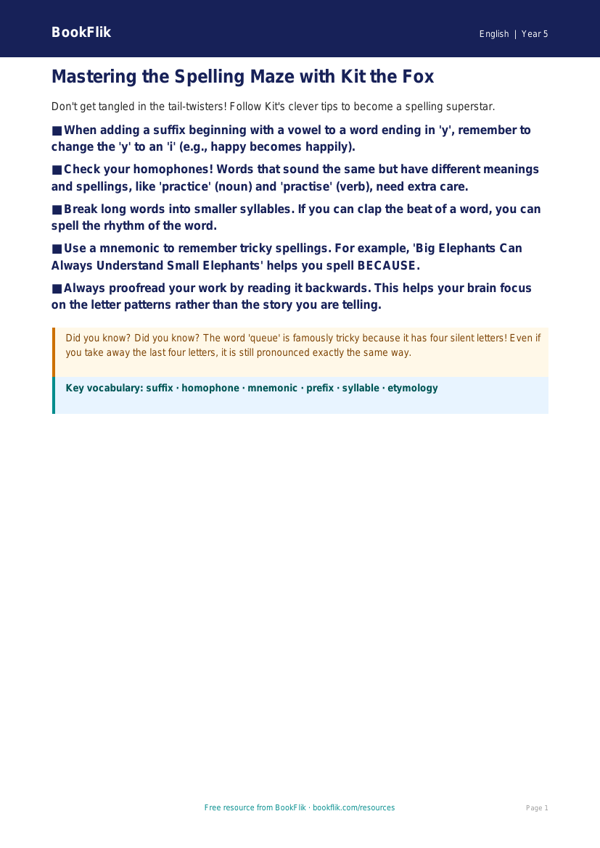 Free Spelling Poster | Year 5 Core | BookFlik worksheet preview — English Spelling