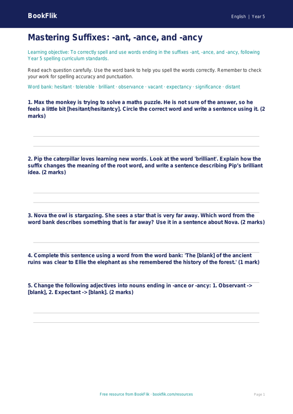 Free Spelling Worksheet | Year 5 Core | BookFlik worksheet preview — English Spelling