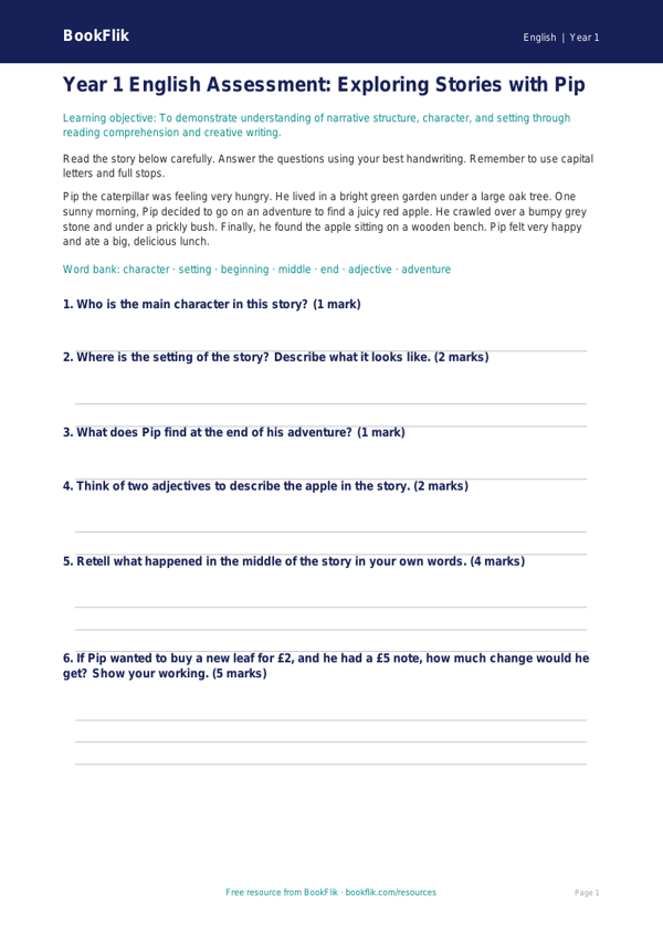 Free Stories Assessment | Year 1 Core | BookFlik worksheet preview — English Stories