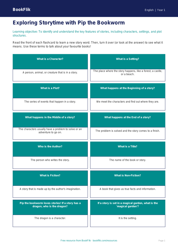 Free Stories Flashcards | Year 1 Core | BookFlik worksheet preview — English Stories