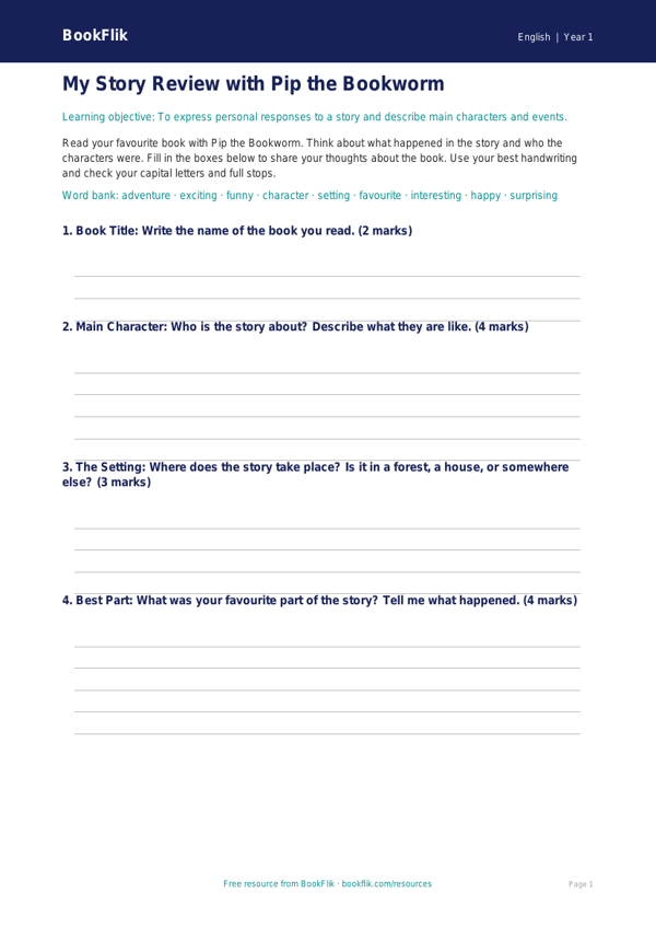 Free Stories Template | Year 1 Core | BookFlik worksheet preview — English Stories