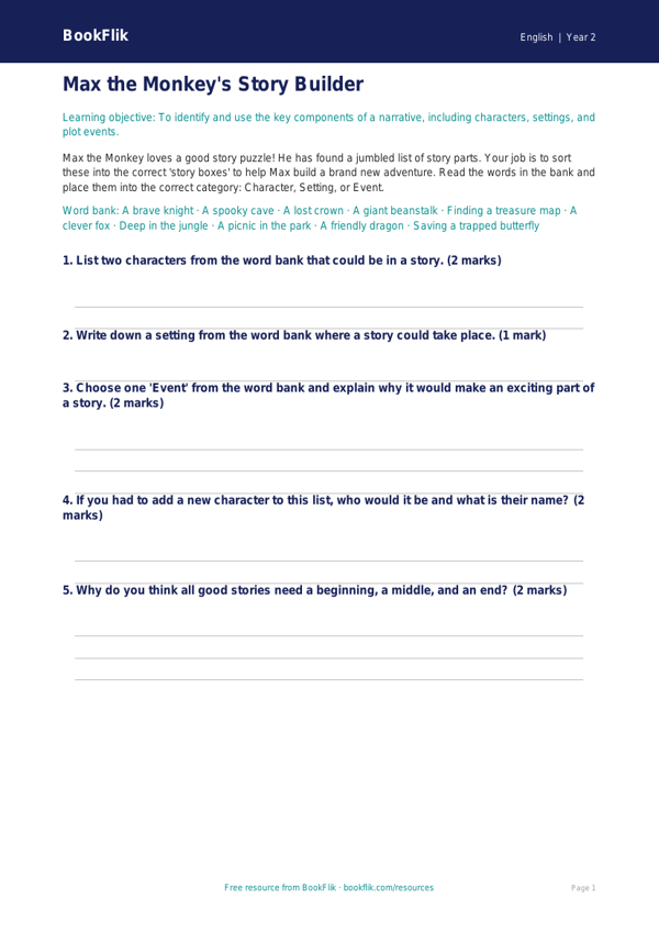 Free Stories Activity Sheet | Year 2 Core | BookFlik worksheet preview — English Stories