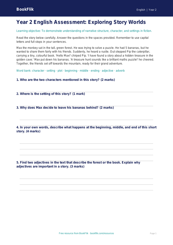 Free Stories Assessment | Year 2 Core | BookFlik worksheet preview — English Stories