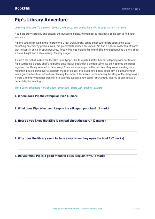 Free Stories Comprehension Worksheet | Year 2 Core | BookFlik worksheet preview — English Stories