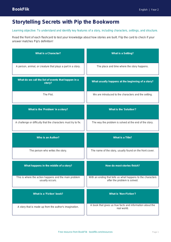 Free Stories Flashcards | Year 2 Core | BookFlik worksheet preview — English Stories