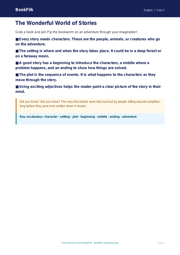 Free Stories Poster | Year 2 Core | BookFlik worksheet preview — English Stories