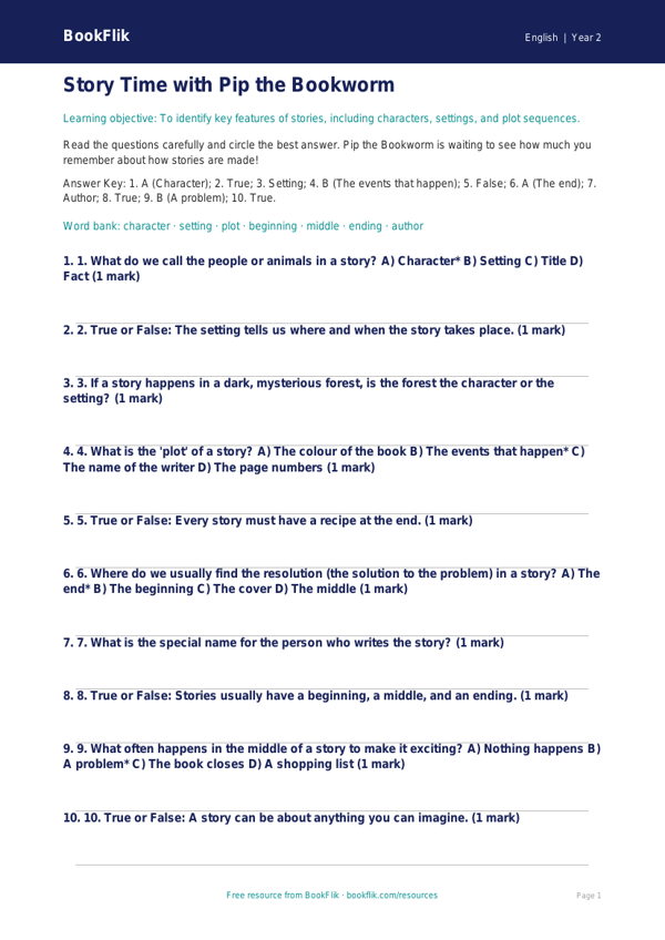 Free Stories Quiz | Year 2 Core | BookFlik worksheet preview — English Stories