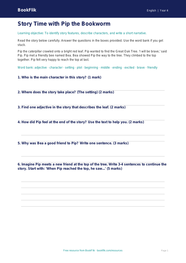 Free Stories Assessment | Year 4 Supported | BookFlik worksheet preview — English Stories
