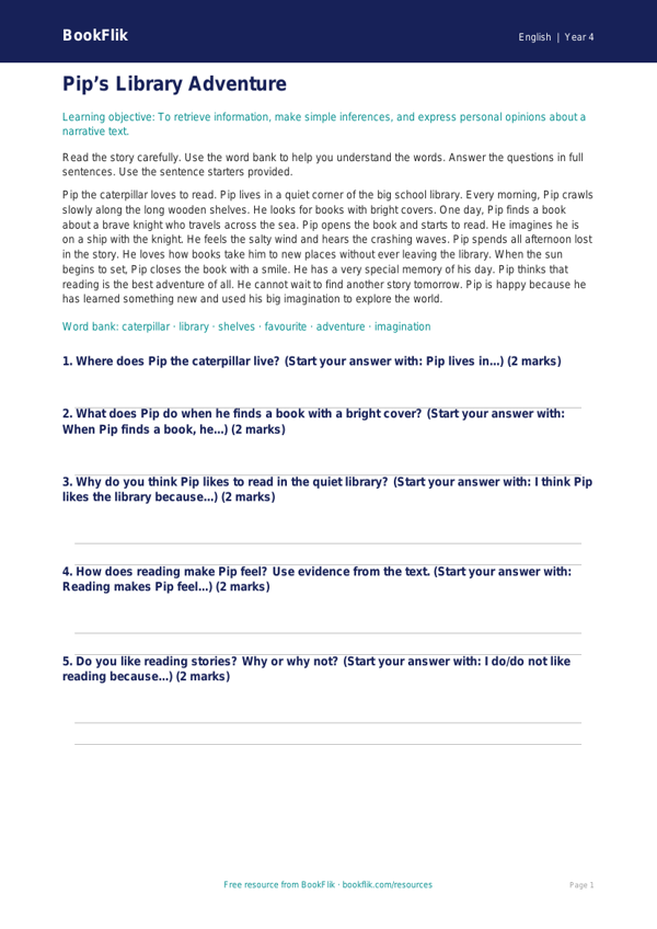 Free Stories Comprehension | Year 4 Supported | BookFlik worksheet preview — English Stories