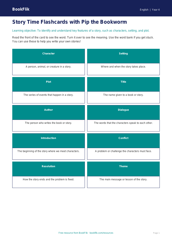 Free Stories Flashcards | Year 4 Supported | BookFlik worksheet preview — English Stories