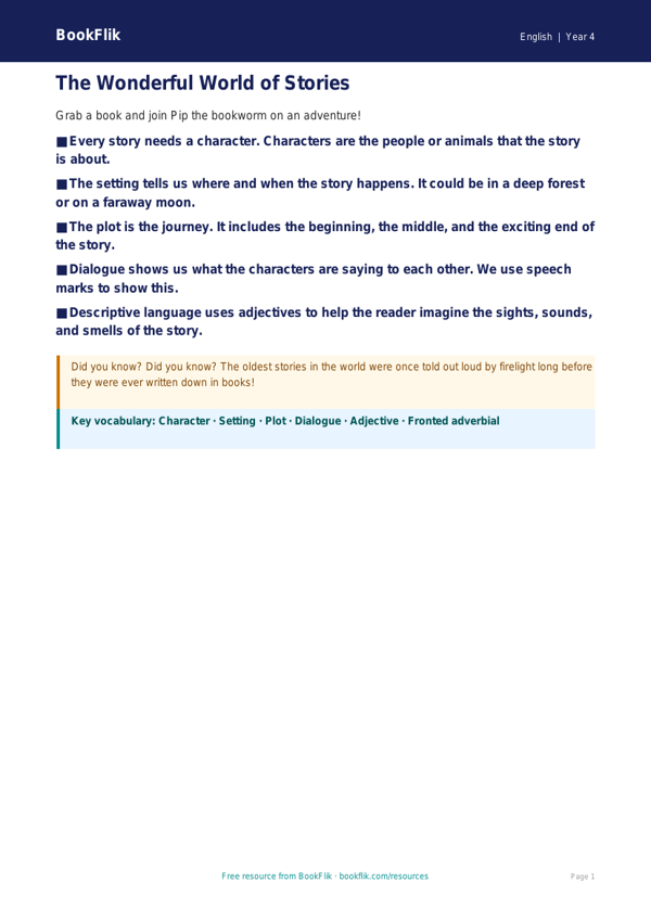 Free Stories Poster | Year 4 Supported | BookFlik worksheet preview — English Stories
