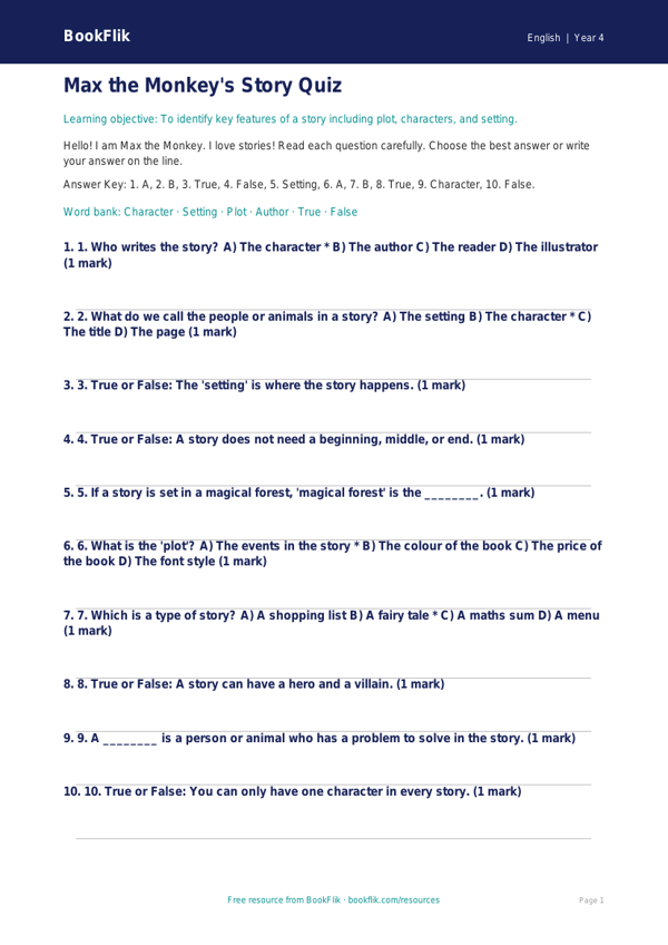 Free Stories Quiz | Year 4 Supported | BookFlik worksheet preview — English Stories