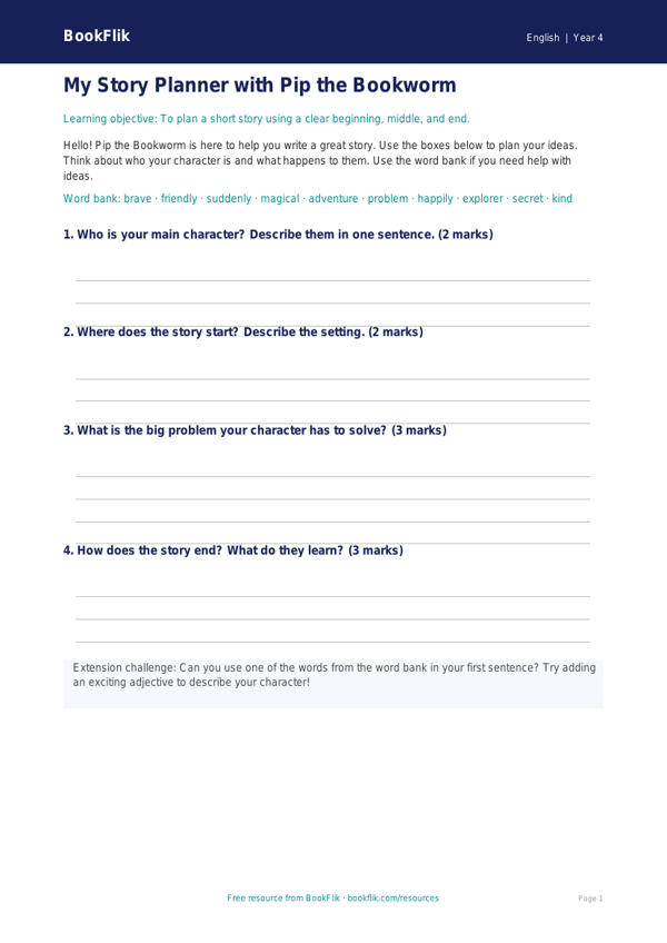 Free Stories Template | Year 4 Supported | BookFlik worksheet preview — English Stories