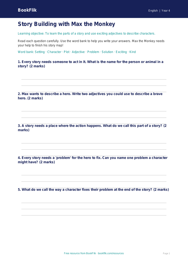 Free Stories Worksheet | Year 4 Supported | BookFlik worksheet preview — English Stories