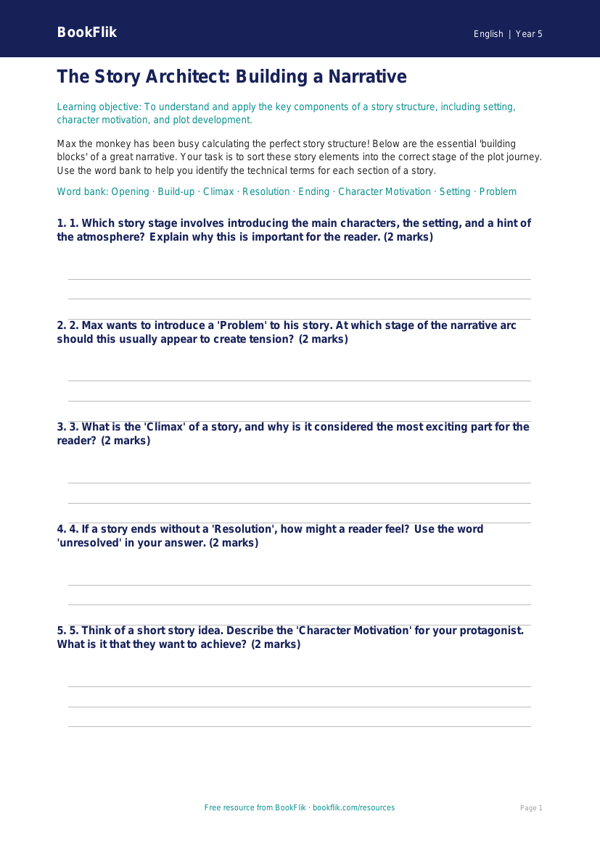 Free Stories Activity Sheet | Year 5 Core | BookFlik worksheet preview — English Stories
