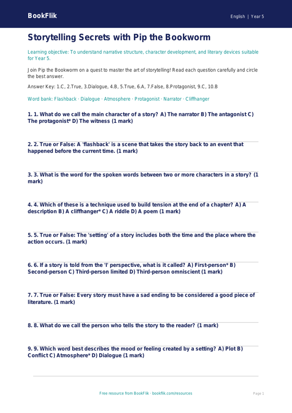 Free Stories Quiz | Year 5 Core | BookFlik worksheet preview — English Stories