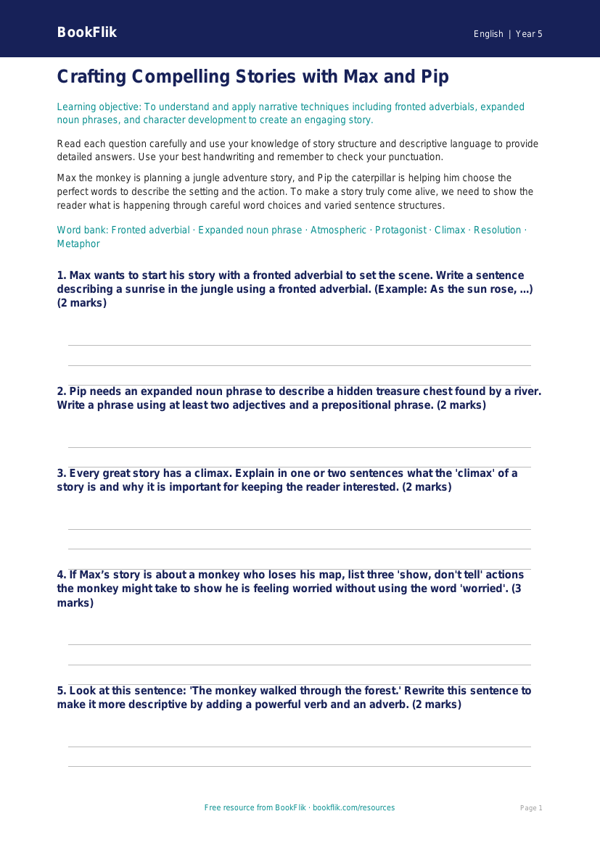 Free Stories Worksheet | Year 5 Core | BookFlik worksheet preview — English Stories