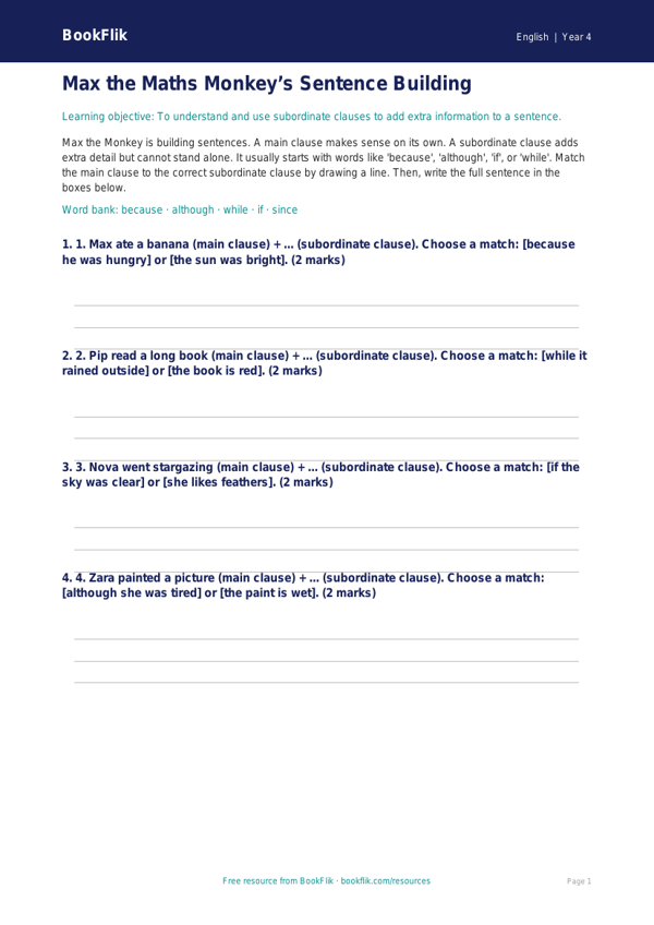 Free Subordinate Clauses Activity Sheet | Year 4 Supported | BookFlik worksheet preview — English Subordinate Clauses