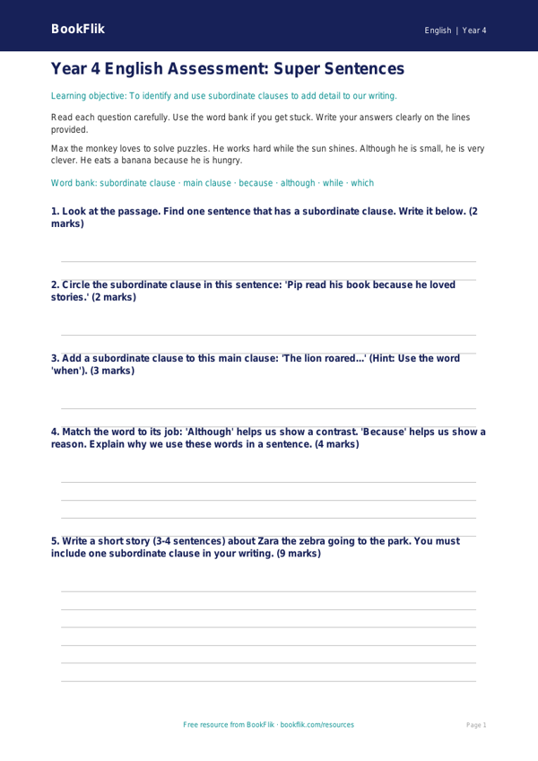 Free Subordinate Clauses Assessment | Year 4 Supported | BookFlik worksheet preview — English Subordinate Clauses