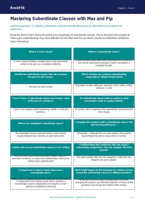 Free Subordinate Clauses Flashcards | Year 4 Greater Depth | BookFlik worksheet preview — English Subordinate Clauses