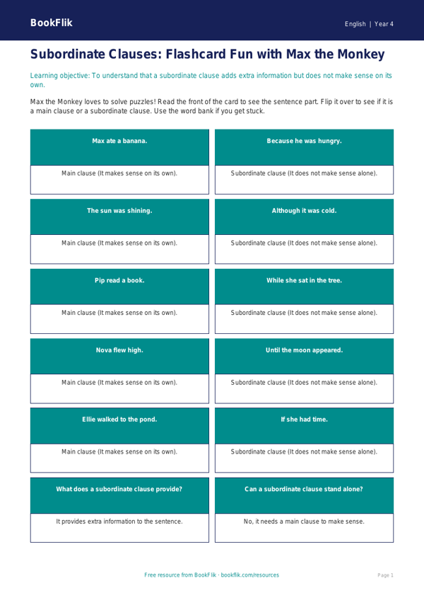 Free Subordinate Clauses Flashcards | Year 4 Supported | BookFlik worksheet preview — English Subordinate Clauses