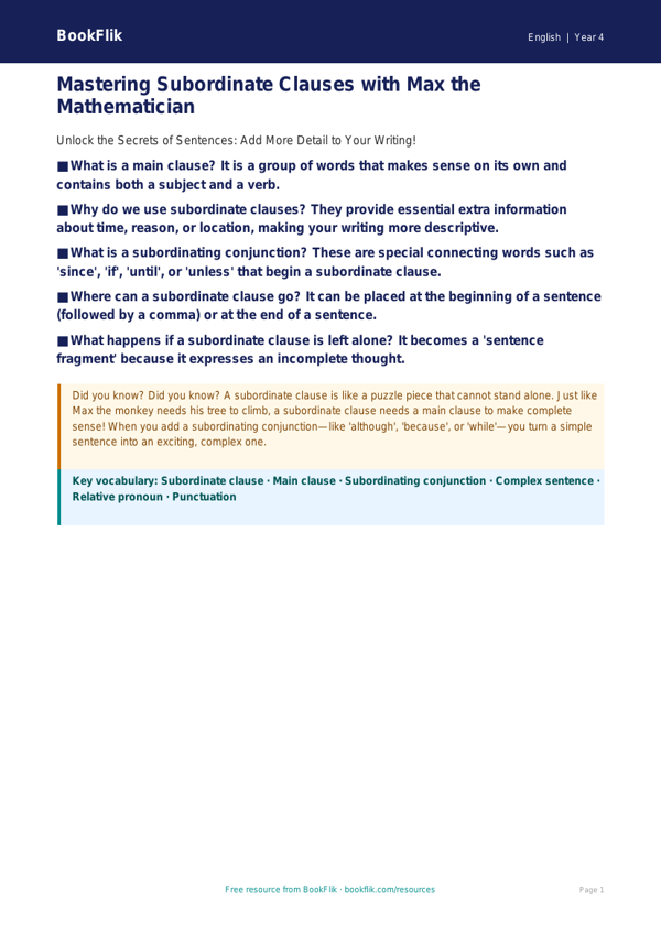 Free Subordinate Clauses Poster | Year 4 Greater Depth | BookFlik worksheet preview — English Subordinate Clauses