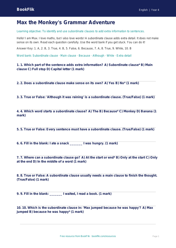 Free Subordinate Clauses Quiz | Year 4 Supported | BookFlik worksheet preview — English Subordinate Clauses