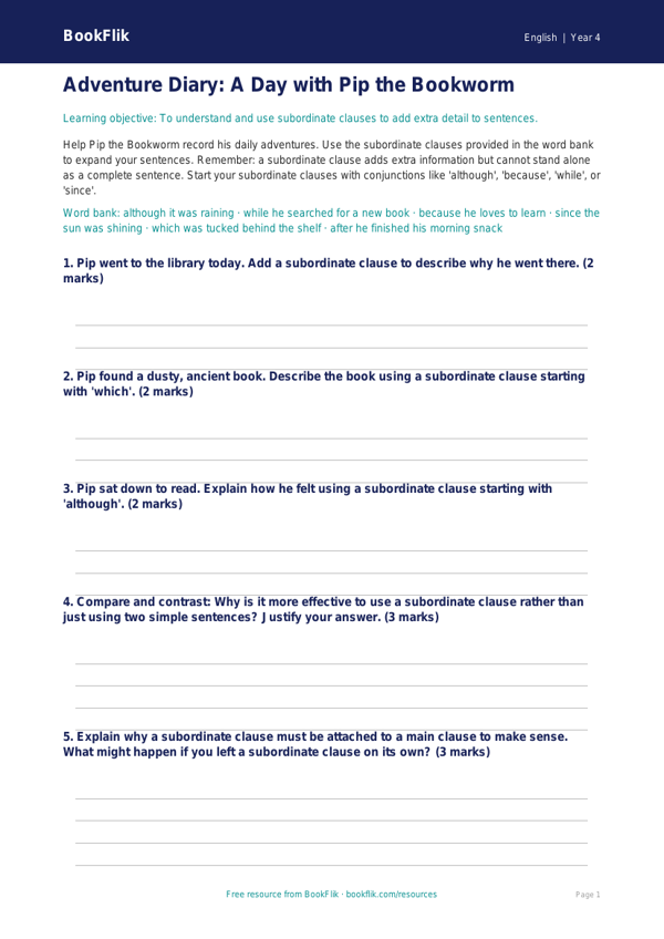 Free Subordinate Clauses Template | Year 4 Greater Depth | BookFlik worksheet preview — English Subordinate Clauses