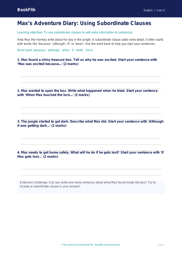 Free Subordinate Clauses Template | Year 4 Supported | BookFlik worksheet preview — English Subordinate Clauses