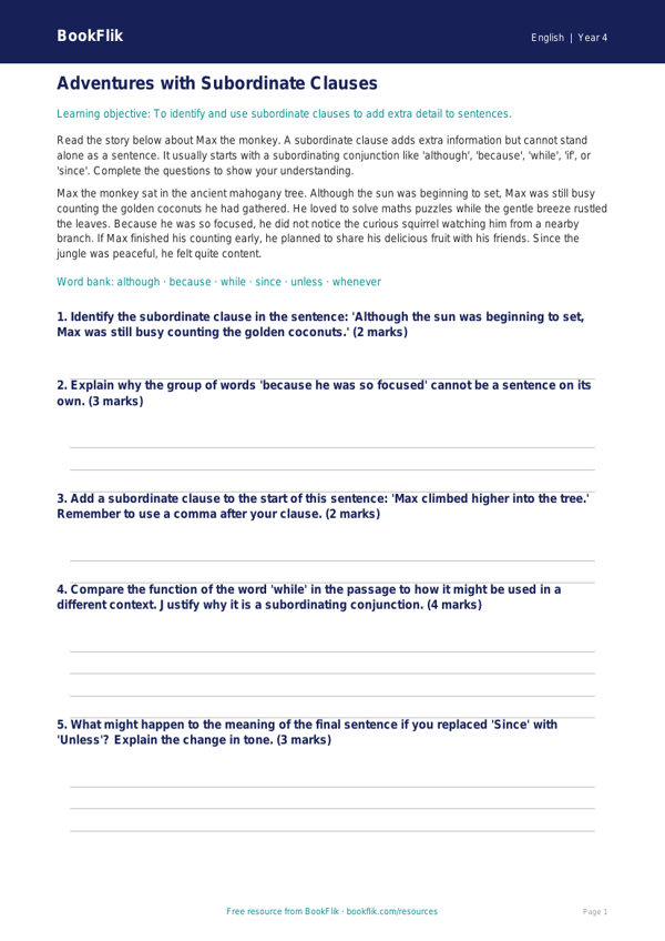 Free Subordinate Clauses Track Sheet | Year 4 Greater Depth | BookFlik worksheet preview — English Subordinate Clauses