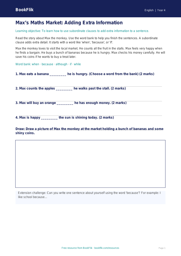 Free Subordinate Clauses Track Sheet | Year 4 Supported | BookFlik worksheet preview — English Subordinate Clauses