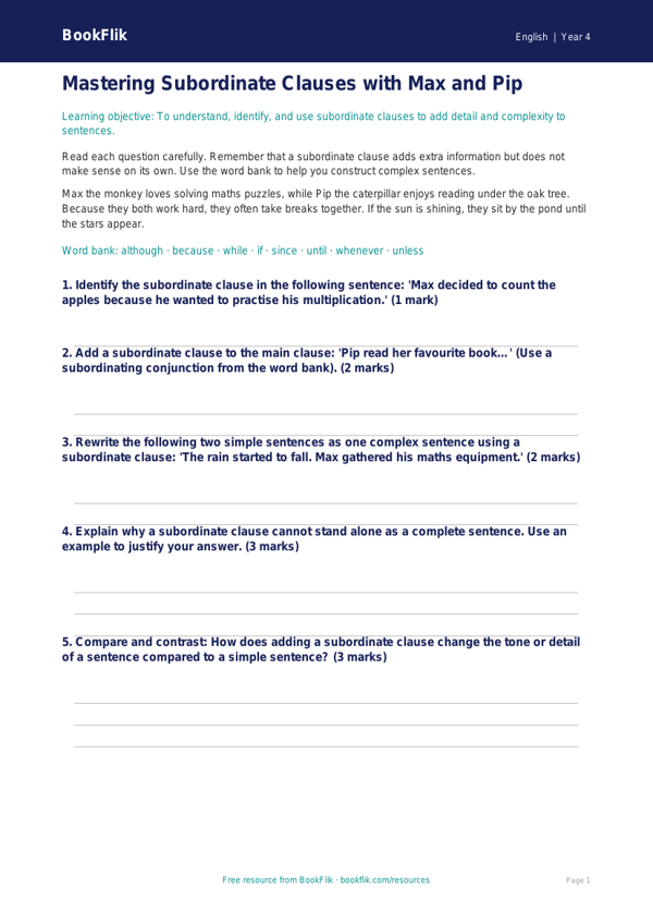 Free Subordinate Clauses Worksheet | Year 4 Greater Depth | BookFlik worksheet preview — English Subordinate Clauses